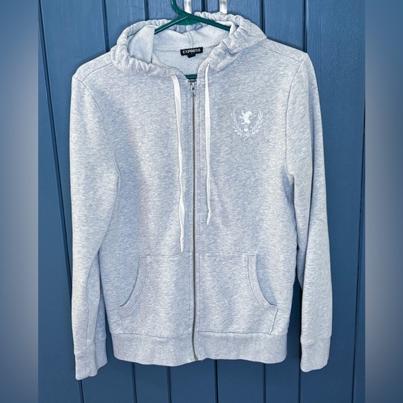 Express Light Gray Zip Up Hoodie Sweatshirt Silver Silkscreen Medium Norm Core - Picture 1 of 5